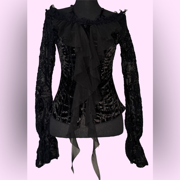 DEVIL FASHION Gothic Vampire Velvet Lace Long Sleeves Button Up Blouse - Picture 4 of 8
